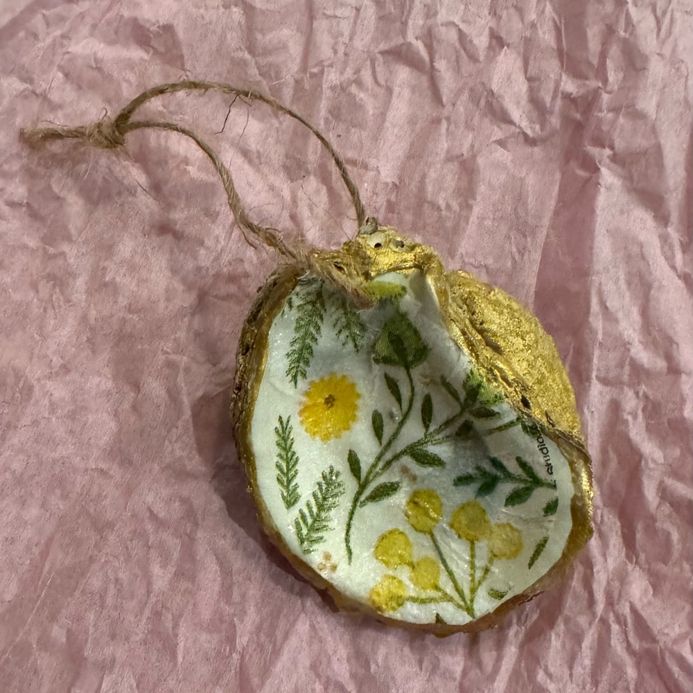 Handmade Gold Oyster Shell Ornament with Yellow Floral Interior